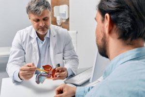 Doctor urologist consulting patient with prostatitis, explaining to him methods of treatment using anatomical model of male reproductive system. Prostatitis treatment